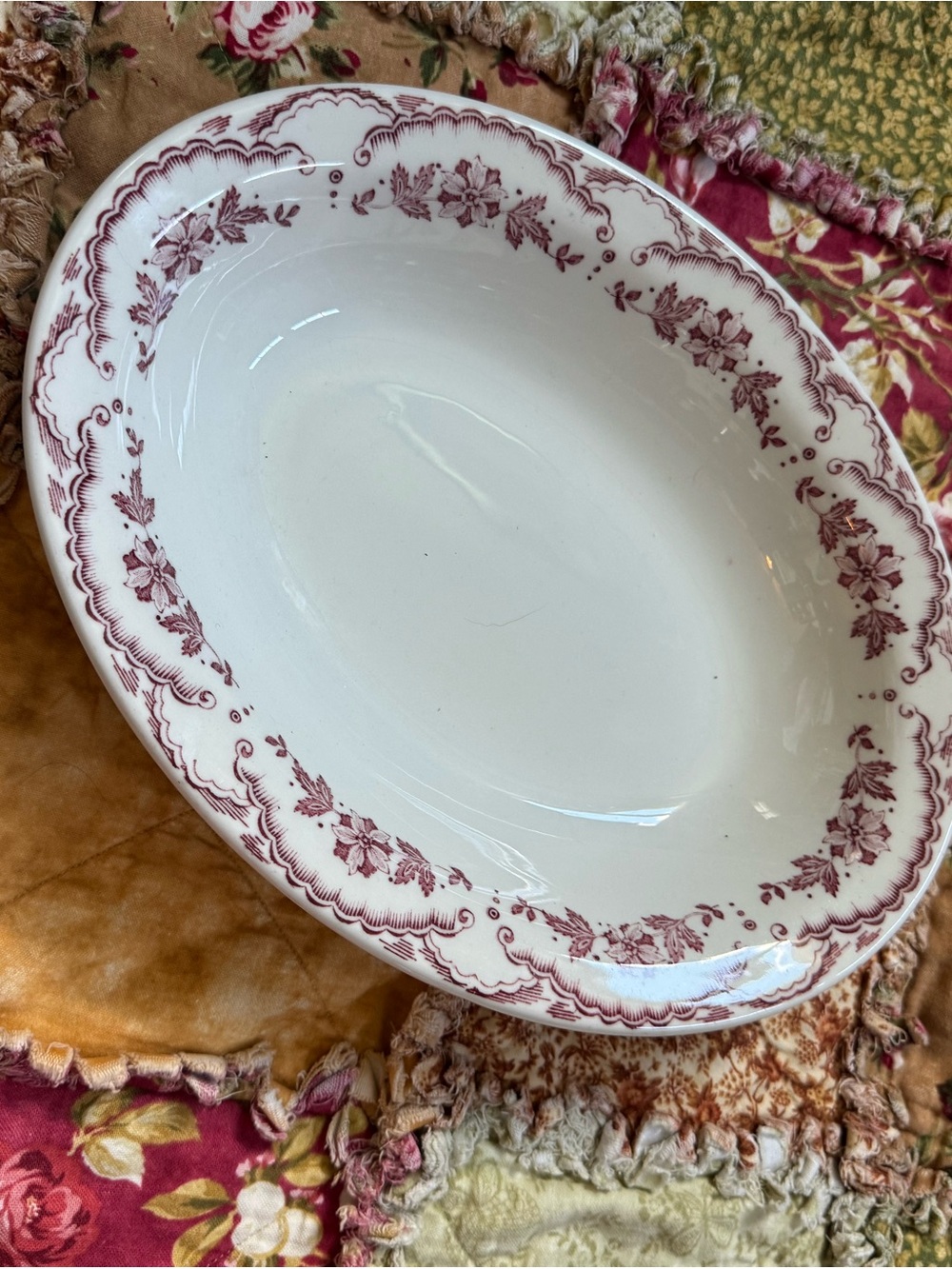 White Ceramic Serving Bowl with Red Floral Rim